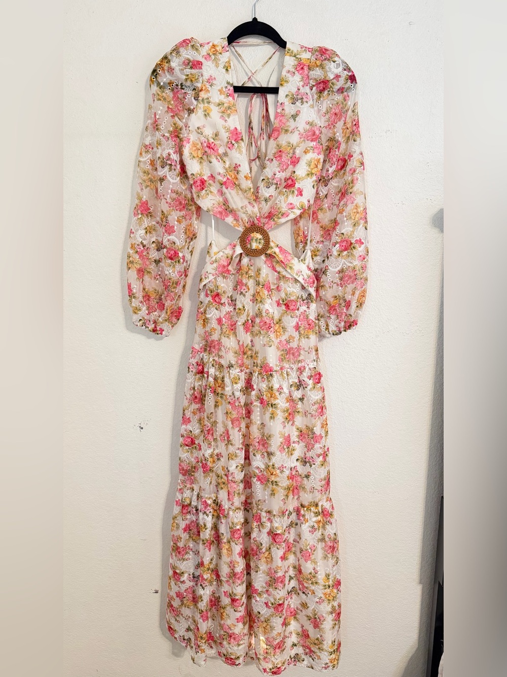 Gianni Bini Cream Floral Lace Maxi with Pink & Green Accents Size 6